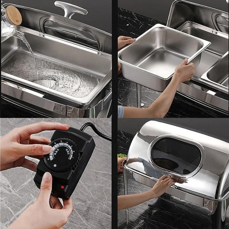 Description Picture 5 of itemFactory Direct Dishes Chafing Dishes Buffet Catering Stainless Steel Round Roll Hot Pot Food Warmer Luxury Buffet Alcohol Stove