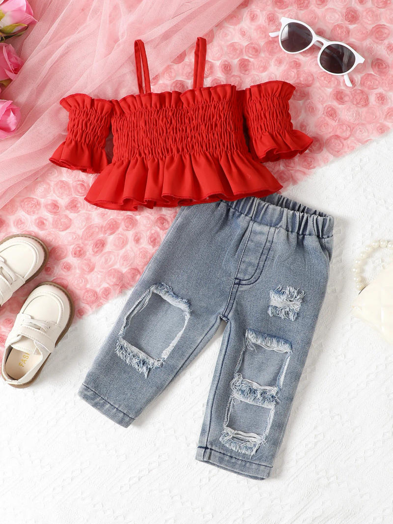 Description Picture 3 of item2pcs Baby Girls Clothing Set Strap Off Shoulder Sleeves Ruffle Edge Folds Top Denim Trousers Suit Baby Fashion Clothes Summer