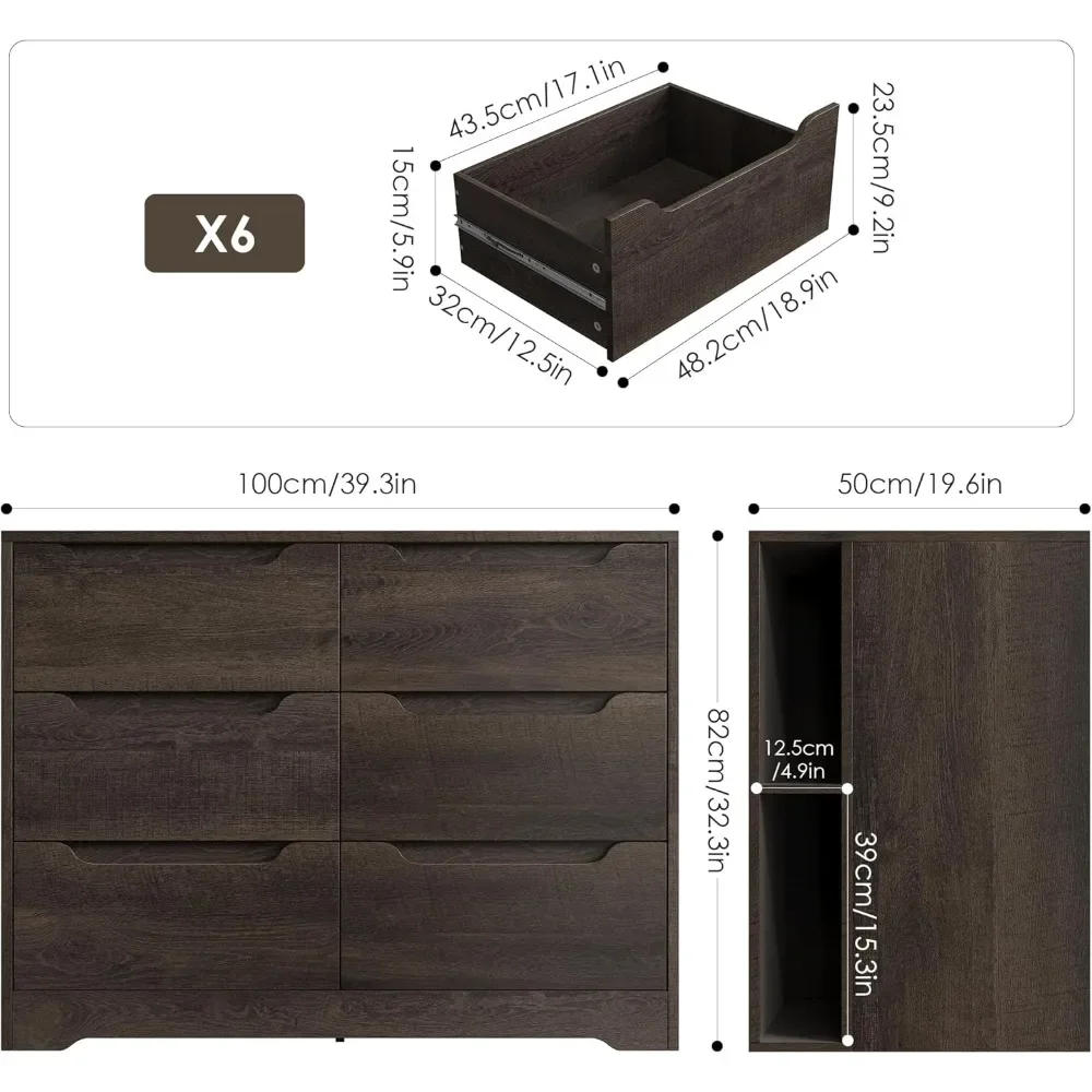 Description Picture 3 of item6 Drawer Dresser for Bedroom, Dresser with 4 Cubbies, Wood Chest of Drawers with Cut-Out Handles, Modern Storage Chest