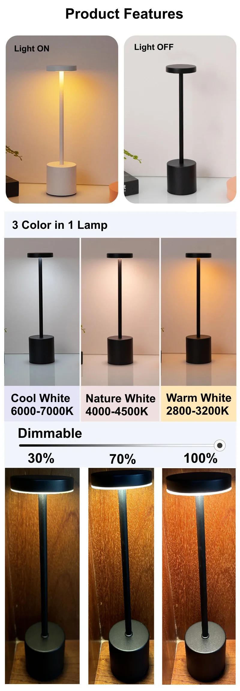Description Picture 2 of itemLED Batteryable Lamp Rechargeable Cordless Desk Lamp Metal Touch Bedside Table Lamp For Home Decoration Shops Meeting Room Hotel