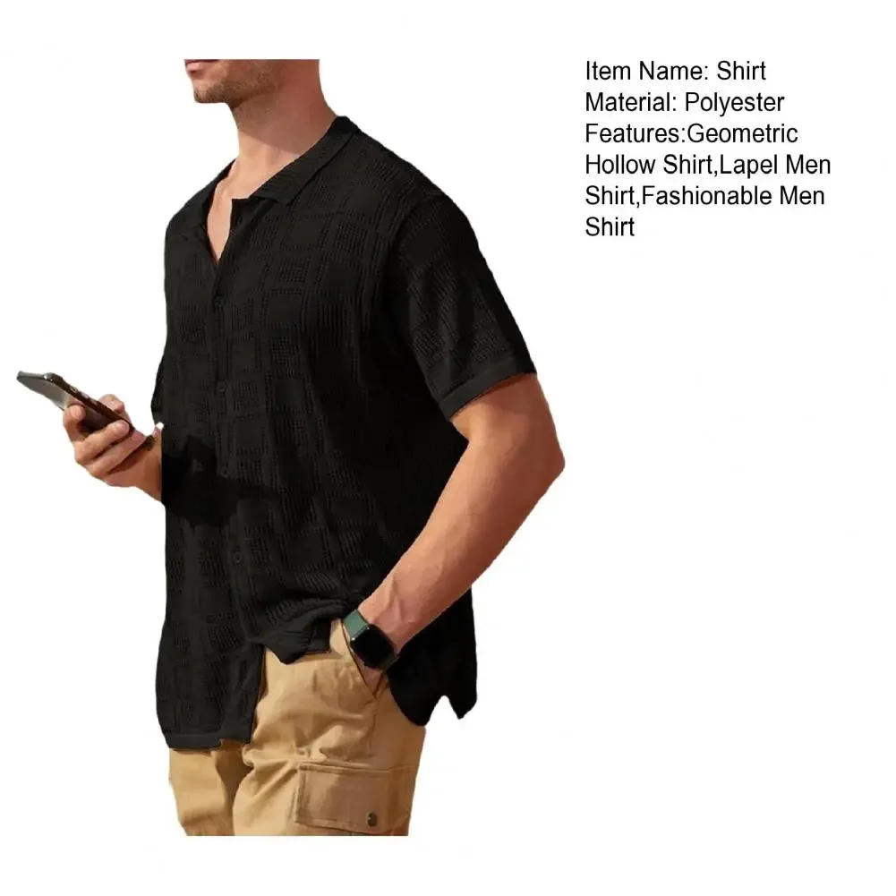 Description Picture 3 of itemLapel Men Shirt Men's Summer Short Sleeve Shirt Lapel Design Solid Color Geometric Pattern Breathable Top for Work Vacation
