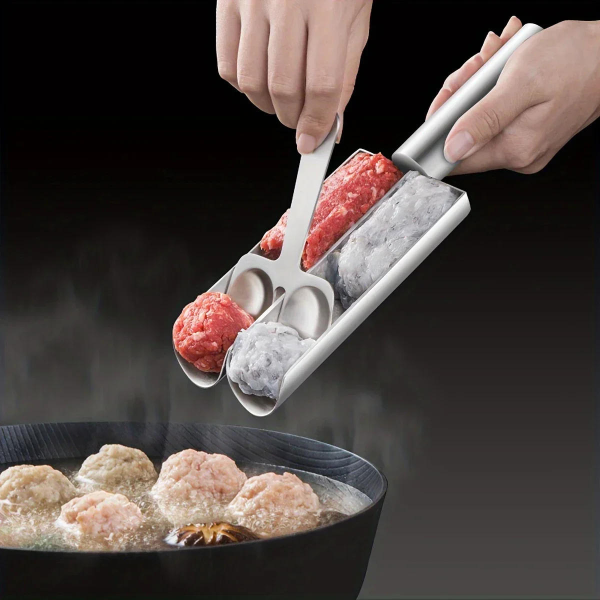 Description Picture 3 of item1PC 1/2/3/4Slot 304 Stainless Steel Meatball Maker Home To Do Fish Ball Shrimp Sliding Mold Rice Ball Meat Dish Scoop