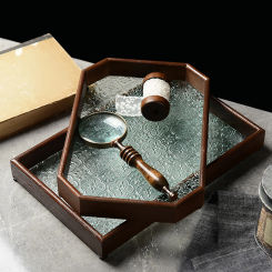 Wooden Glass Tray Platter Desk Storage Organizer Fruit Snack Tray Serving Plate Jewelry Storage Tray for Kitchen Bathroom