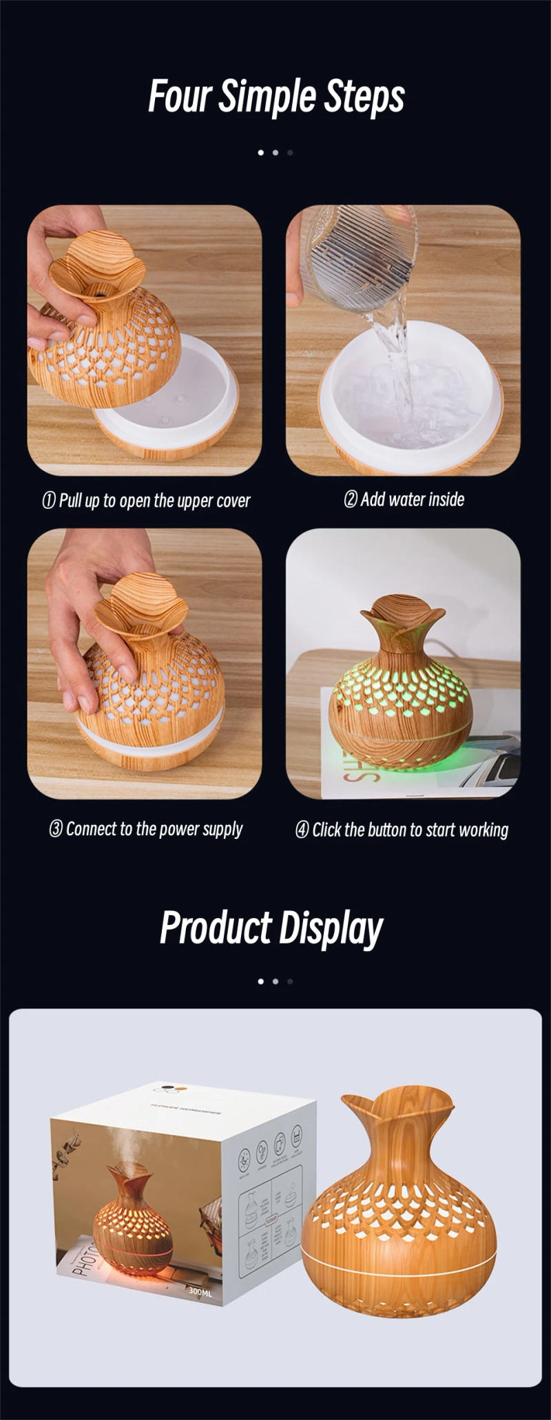 Description Picture 2 of itemWood Grain Mini Vase Air Humidifier USB Electric Ultrasonic Water Aroma Essential Oil Diffuser Home Room Fragrance Air Purifier