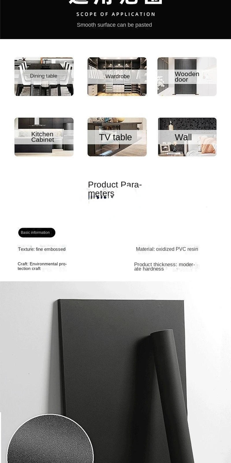 Description Picture 4 of itemMatte Black Waterproof Thick Vinyl Self Adhesive Wallpaper Muebles Renovation Oil Proof Kitchen Cabinets Armoire PVC Stickers