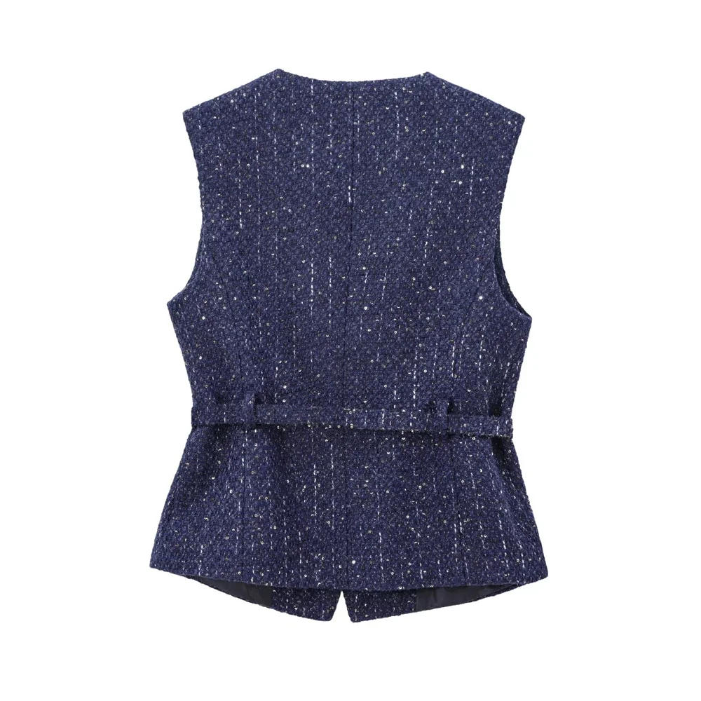 Description Picture 5 of itemWomen's Tweed Waistcoat with Belt, O Neck, Sleeveless, Front Button, Female Outerwear, Chic Tops, Fashion Vest Women