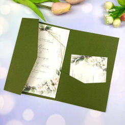 1x Wedding Invitation Cards Sage Olive Green Burgundy Navy Blue Gray Ivory Tri fold Glitter Laser Cut pocketfold invite Envelope