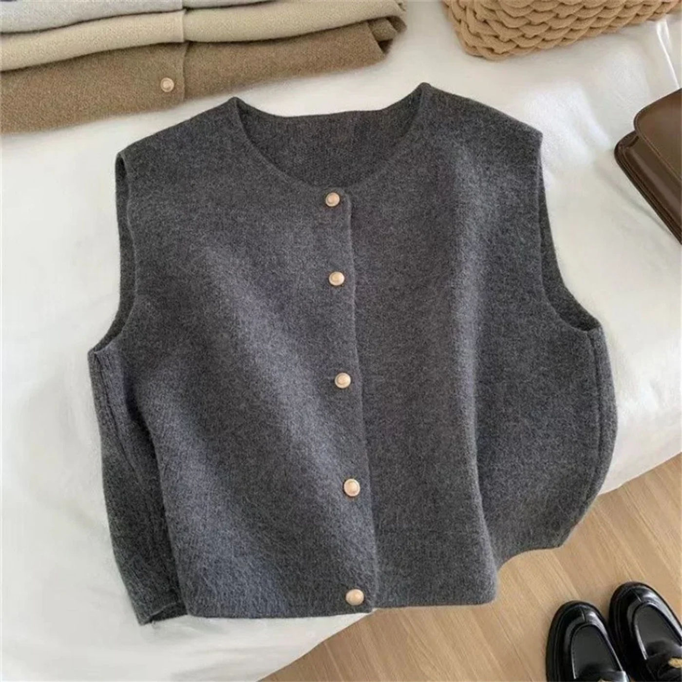 Description Picture 6 of itemSpring Autumn Women's Solid Button V-Neck Sleeveless Casual Fashion Office Lady Elegant Tops Sweater Knitted Cardigan Vest Coats