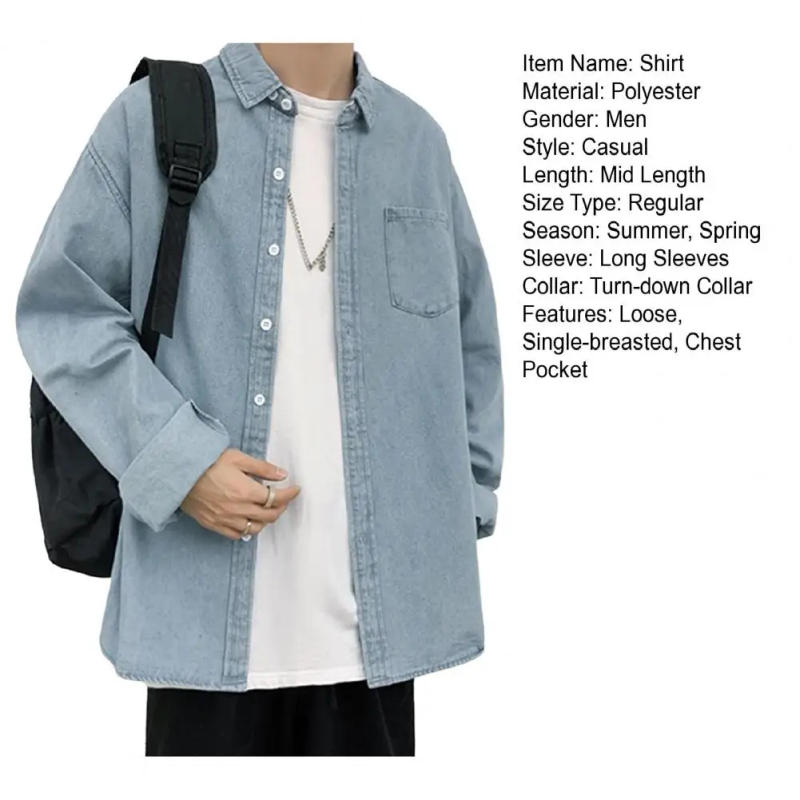 Description Picture 3 of itemMen Spring Top Men Denim Shirt Stylish Men's Denim Jacket with Turn-down Collar Chest Pocket Casual Spring Summer for School