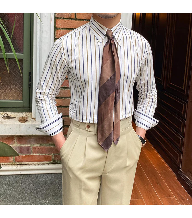 Description Picture 5 of itemSummer Men Color Contrast Striped Shirt Long Sleeve Slim Hairstylist Shirts Men Office Tuxedo Stripe Shirt Social Herren Hemd