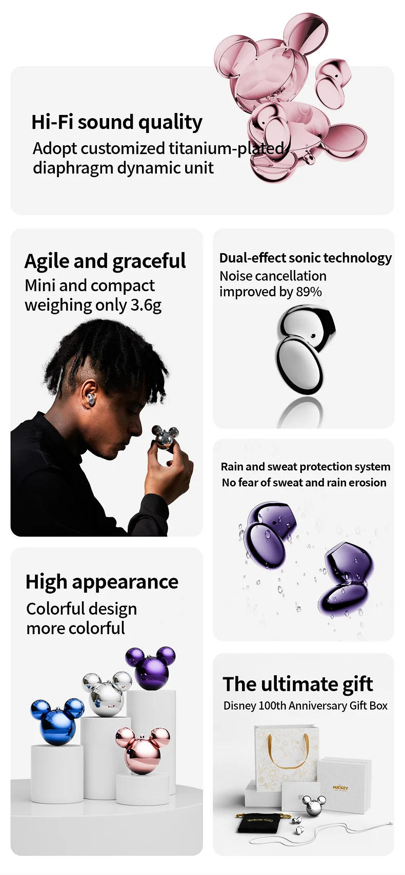 Description Picture 3 of itemNew Iconic Brand T01 Earphones Bluetooth Wireless Mickey Head Highly Stylish HIFI Stereo Earbuds Noise Reduction Long Battery Life