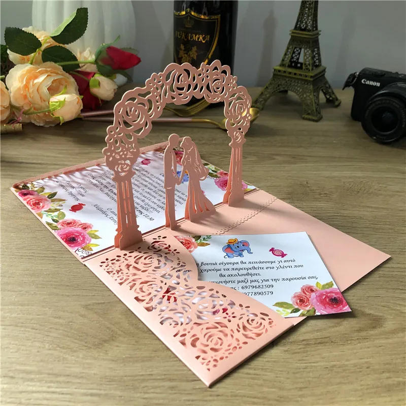 Description Picture 2 of item10 pieces 3D Pop-Up Light Blue Wedding Invitation Card, Tri-folded Laser Cut Pocket Bride & Groom Greeting Invite Cards IC144