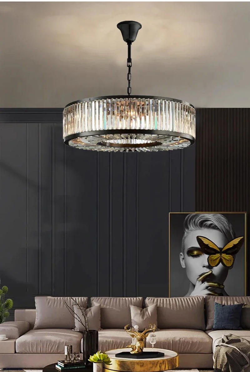 Description Picture 5 of itemLed Retro American Black Round Crystal Hanging Lamps Chandelier Lighting Lustre Suspension Armature Lamps For Living Room