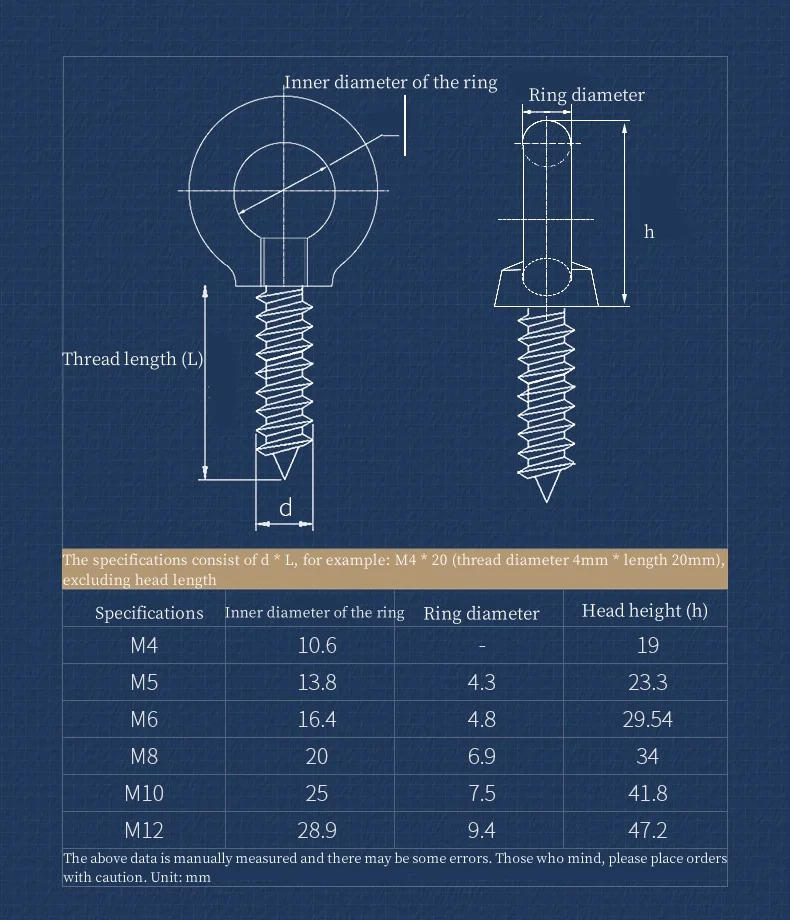 Description Picture 3 of itemM4 M5 M6 M8 M10 M12 304 Stainless Steel Eye Nut Self Tapping Screw Sheep Eye Round Ring Self Tapping Wood Screws Hook
