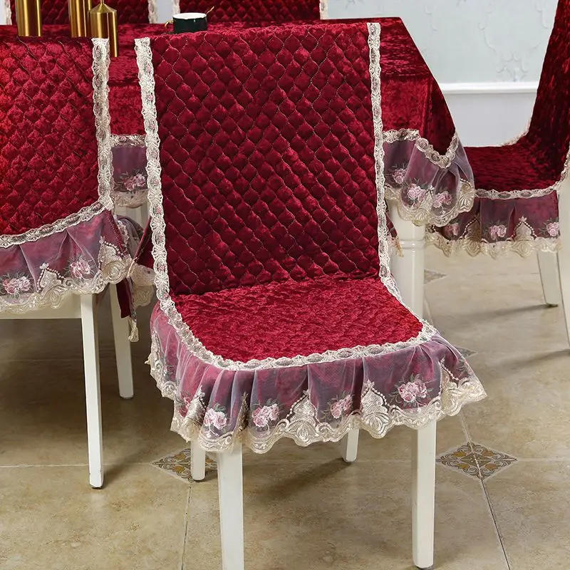 Description Picture 4 of itemEuropean Style Red Blue Connected Chair Cover Lace Edge Integrated Stool Cover Rectangular Tablecloth Thickened Cushion