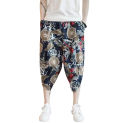 Floral Print Bloomers Wide-leg Pants Chinese Style Retro Print Men's Cropped Trousers with Side Pockets Elastic Waist for Daily