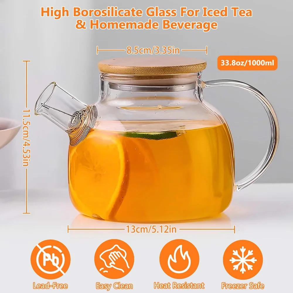 Description Picture 6 of itemGlass Teapot,Home Stovetop Coffee Kettle,1L Heatproof Borosilicate Glass,With Bamboo Lid Removable Filter Spout,for Lemonade