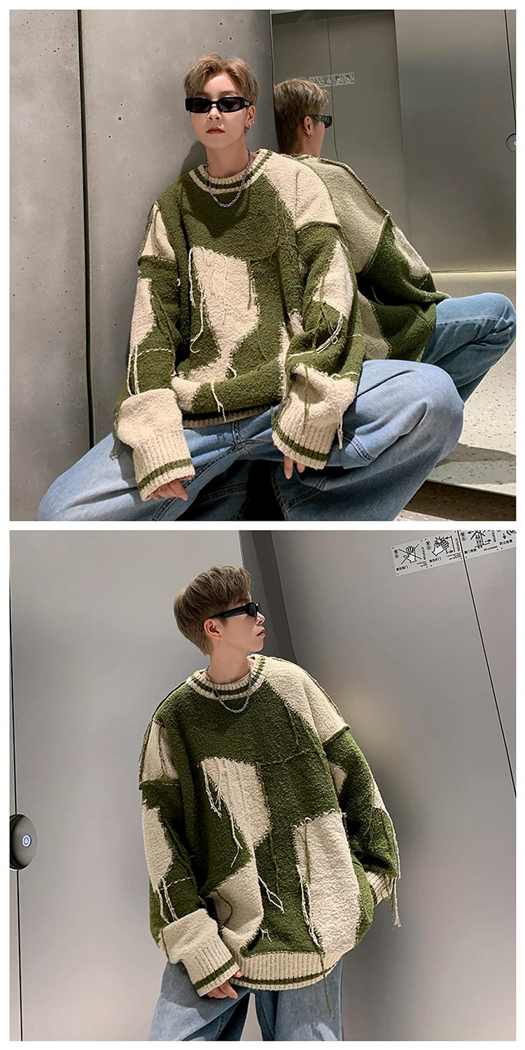 Description Picture 6 of item2024 Men Autumn Winter New Oversize Loose Pullover Top Male Casual Knitted Jumpers Mens Streetwear Patchwork Sweater Tops S179