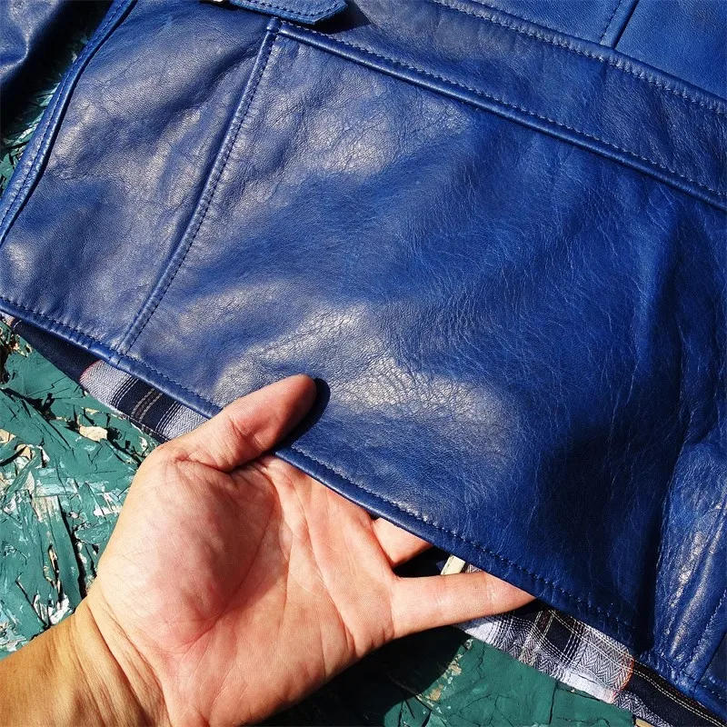 Description Picture 6 of itemFree shipping.Soft natural horsehide cloth.100% real tanned leather jacket.Classic Moto Rider leather coat.indigo.Plus size.