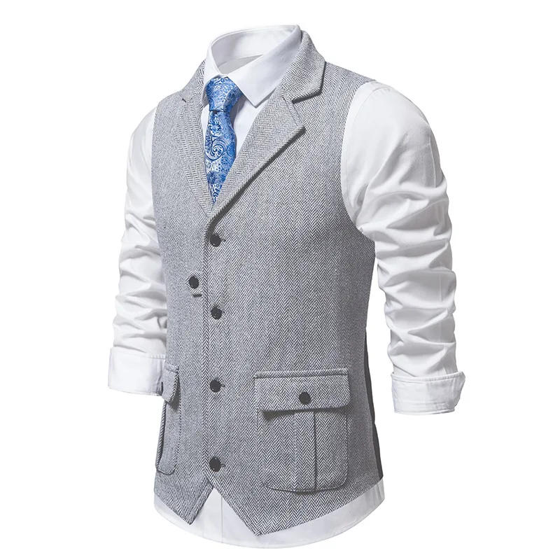 Description Picture 6 of itemMen Suit Vest Herringbone Fabric Waistcoat Business Wedding Casual Turndown  Collar Men's Dress Blazer Vests Formal Party V07