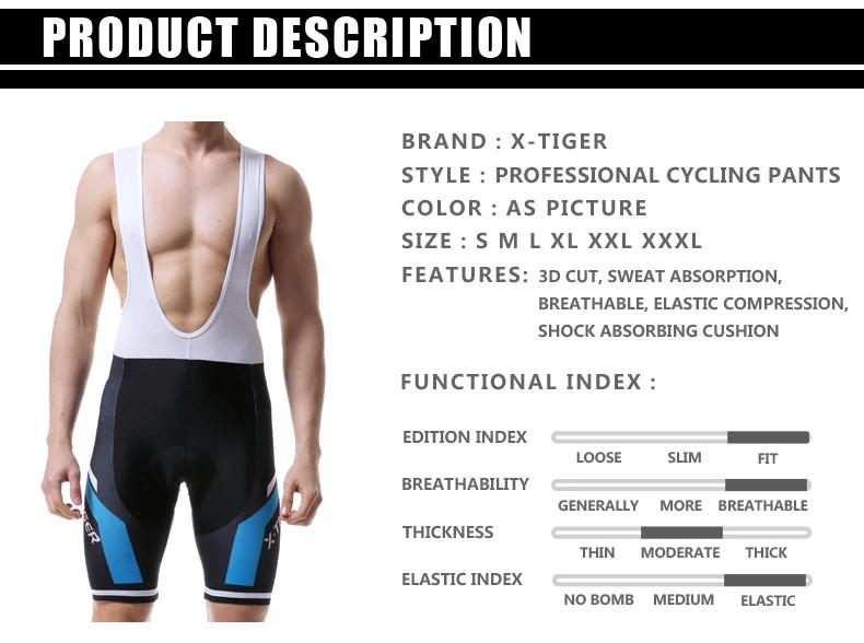 Description Picture 3 of itemX-TIGER Cycling Bib Shorts Summer Bike Breathable Polyester Sports Shorts Men's 5D Gel Padded Tights Man Lycra Bicycle Shorts
