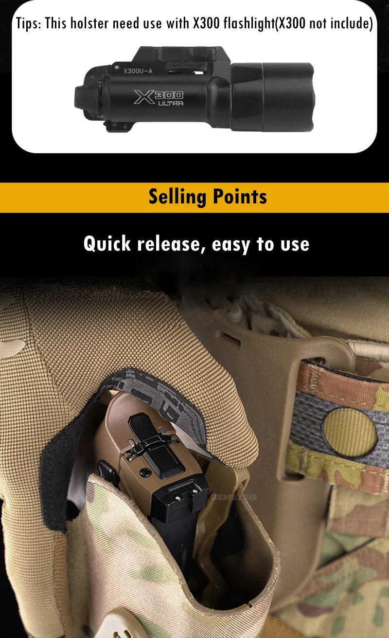 Description Picture 6 of itemTactical Pistol Holster Fits P320 + X300 Flashlight Automatic Locking System Right Hand Hunting Gun Drop Leg Holsters Paddle