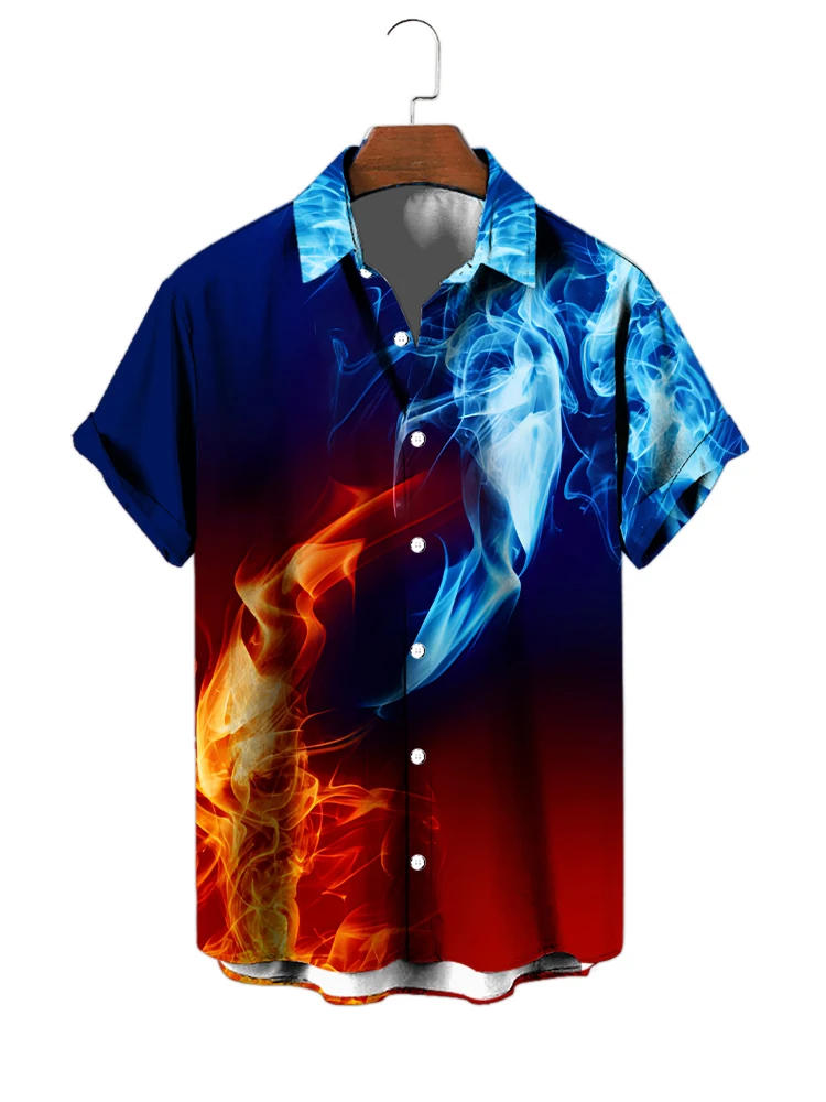 Description Picture 4 of item2024 Five color Flame 3D Digital Printing Shirt Short sleeved Shirt Men's Casual Loose Half sleeved Cardigan Shirt Hot Selling