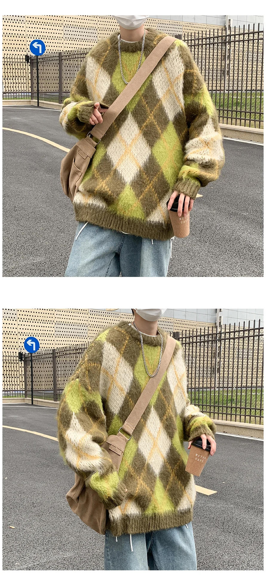 Description Picture 4 of itemWinter Niche Contrasting Plaid Sweaters Men's Retro Loose Casual High Street Personalized Knitted Pullover Men Tops Male Clothes