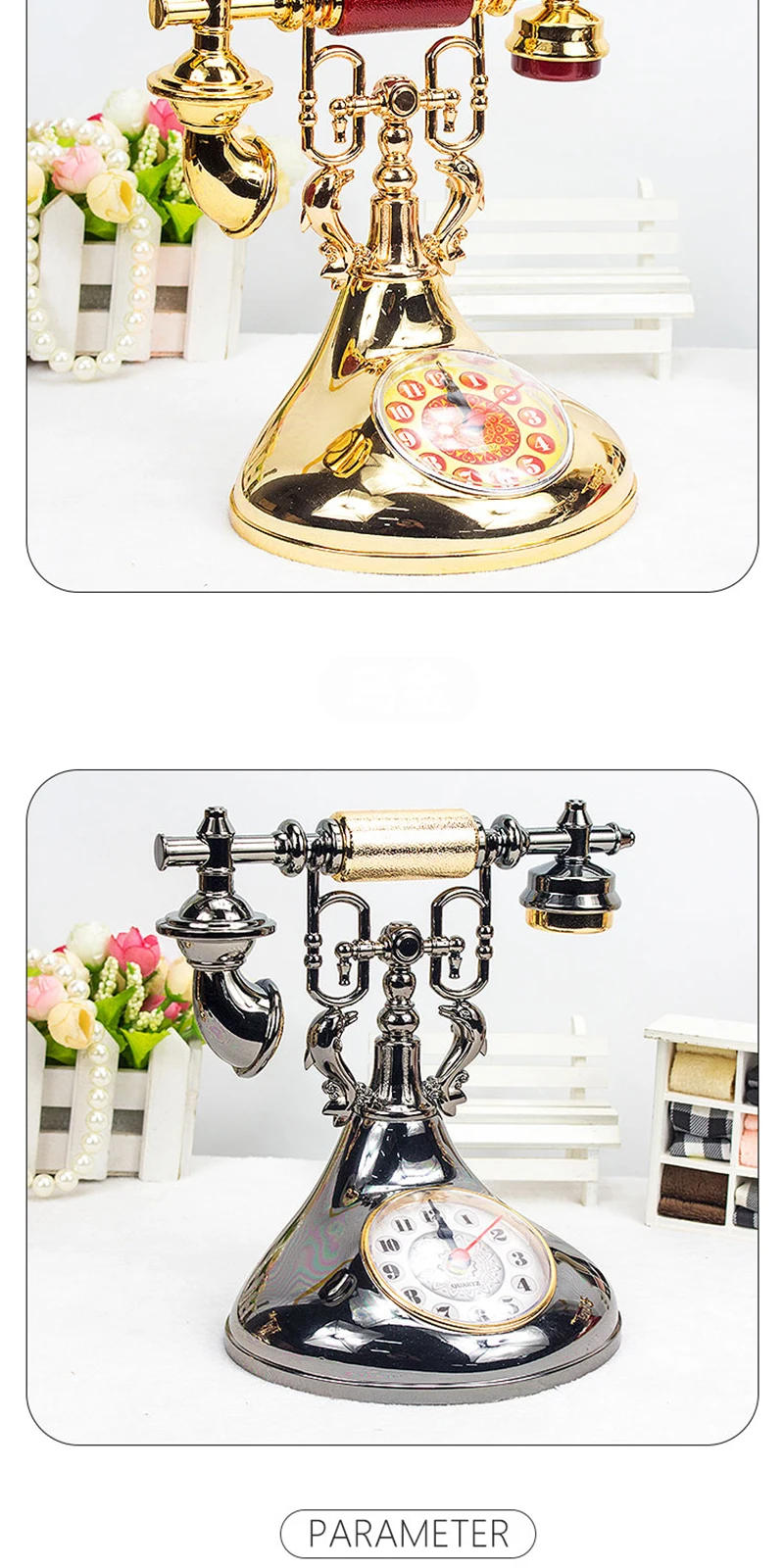 Description Picture 4 of itemRetro Telephone Model Alarm Clock Creative Timekeeper Desktop Ornament for Home Room Bedside Table Decoration