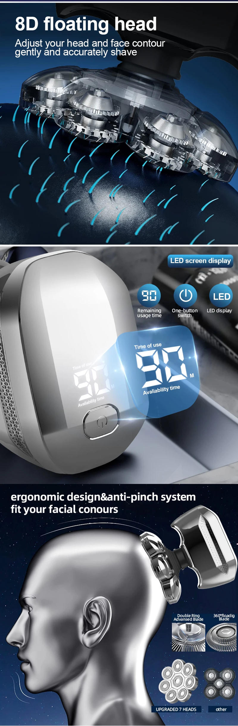 Description Picture 4 of item8D Head Shavers for Bald Men, Electric Shaver for Men,6 in 1 Mens Grooming Kit with Nose Hair Trimmer, Waterproof Beard Trimmer