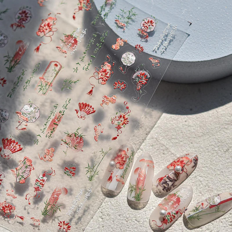 Description Picture 2 of item1pcs 5D Embossed Chinese Kawaii Bamboo Fan Nail Art Stickers Cartoon Panda Nail Self-Adhesive Decorations Decals DIY Accessories