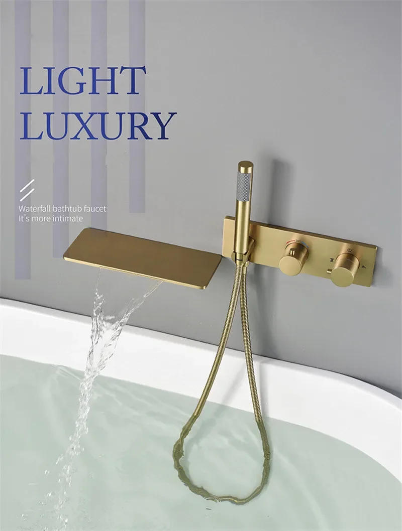 Description Picture 2 of itemBrushed Gold Bathtub Shower Faucet Set Brass Thermostatic Tap Mixer With Handheld Waterfall Black