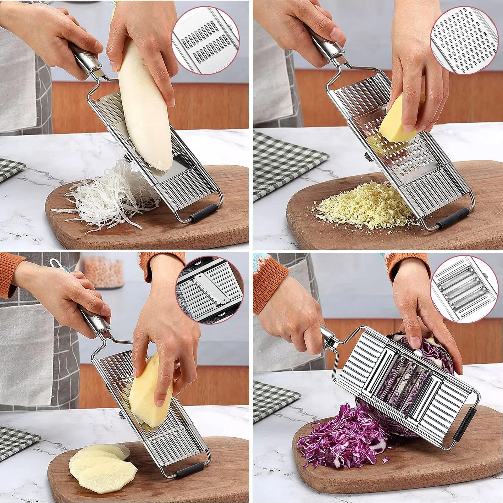 Description Picture 2 of item4 in1 Vegetable Slicer Stainless Steel Shredder Cutter Multi-Purpose Vegetable Slicer Cuts Set Manual Fruit Carrot Potato Grater
