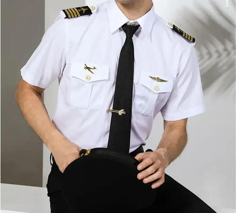 Description Picture 2 of itemSummer Pilot Uniform Shirt Men Captain Aviation Short Sleeve Work White Tops