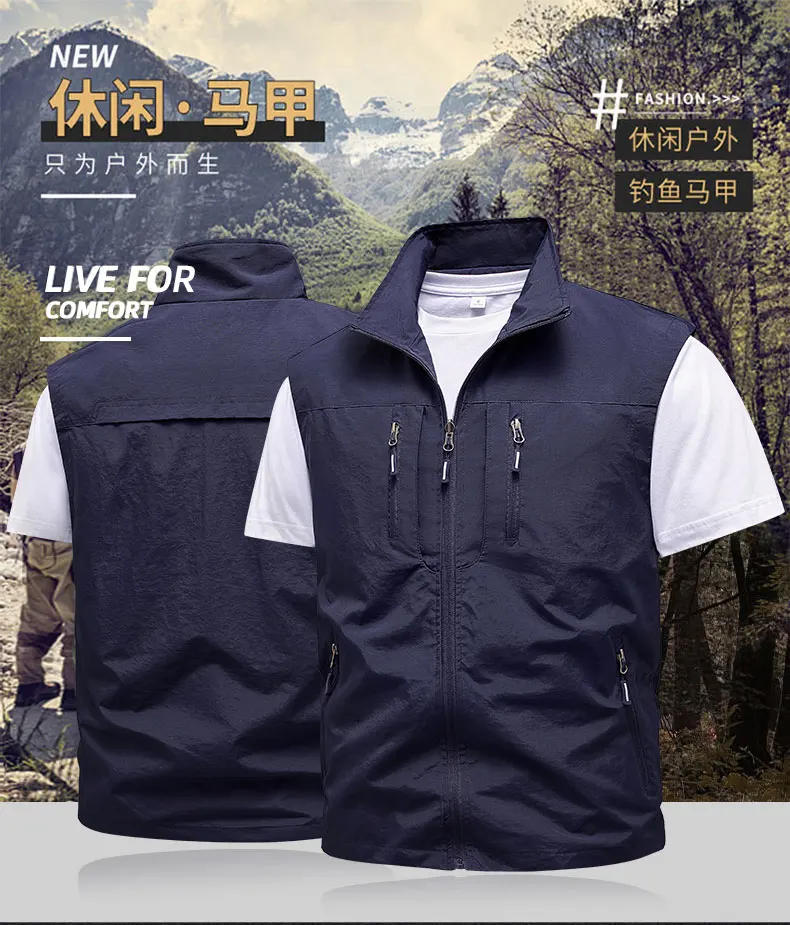 Description Picture 2 of item2024 New Summer Men's Tank Top Casual Fashion Multi Pocket Solid Color Sleeveless Jacket Men's Zipper Regular Work Waistcoat