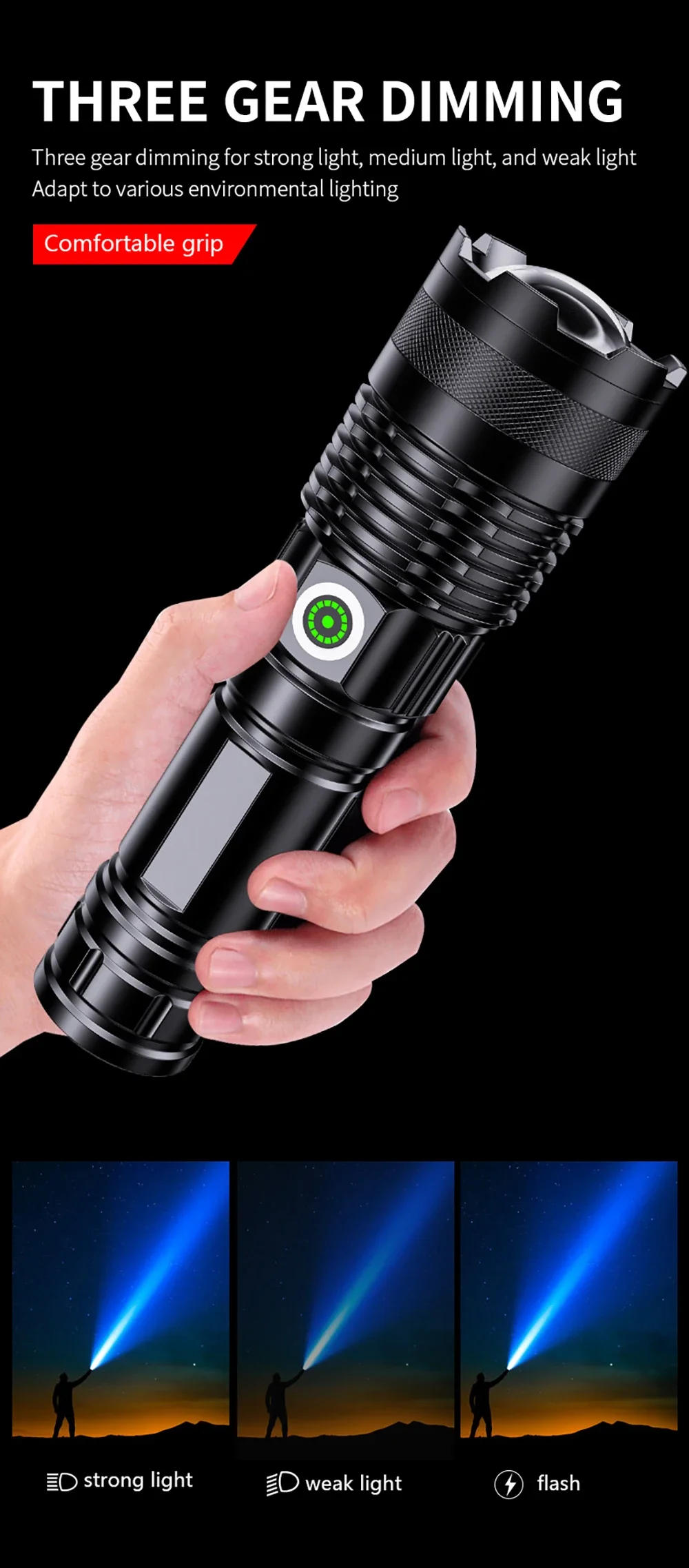 Description Picture 5 of item100000 Lumen Super Bright Spotlight Long Range LED Flashlight Built-in Battery  USB Charging Waterproof Portable Camping Torch