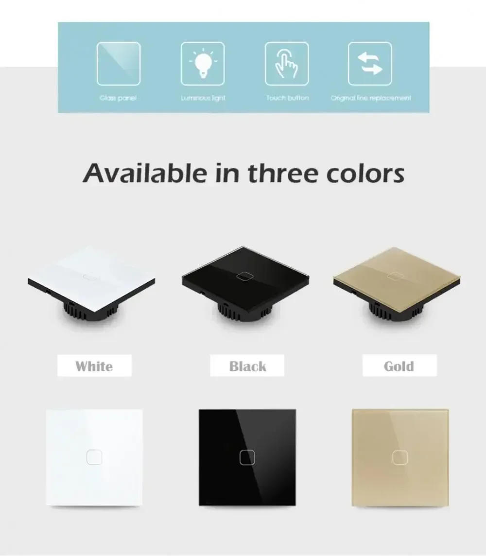 Description Picture 4 of itemEU Touch Switch AC100-240V Led Light Switch Panel Tempered Crystal Glass Wall Light Switches 1/2/3 Gang 1 Way Interruttore