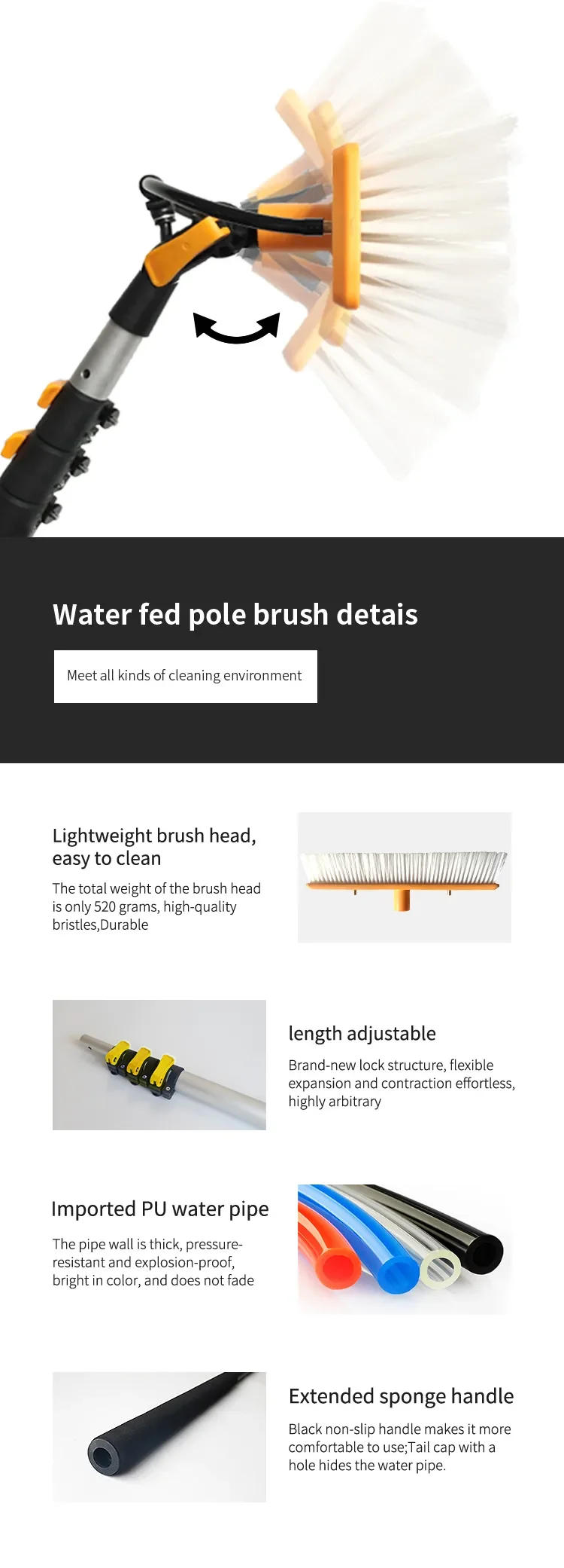 Description Picture 4 of itemHot Selling Telescopic Window Cleaning Tools Brush Solar Panel Wash Cleaning Brush Water Pipe Telescopic Rod Tools