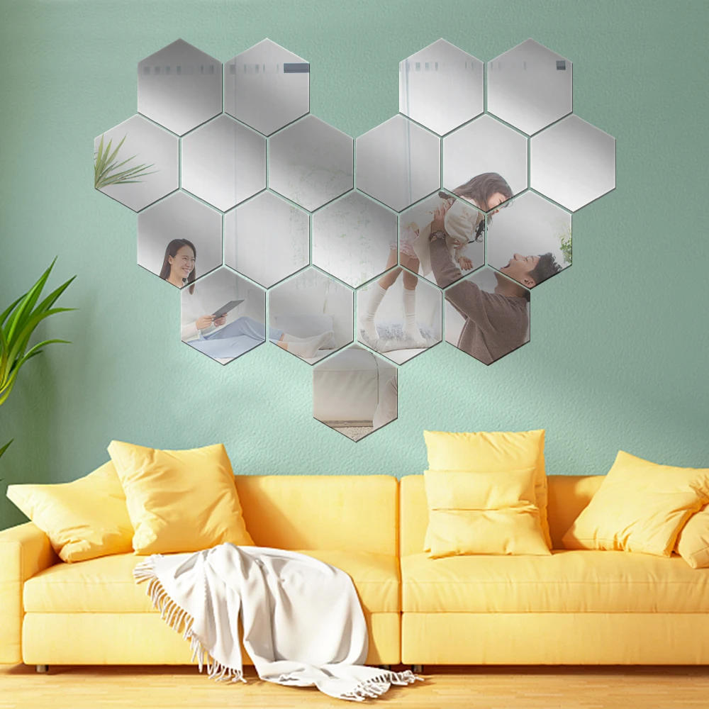 Description Picture 3 of item6/12PCS Hexagon Mirror Wall Stickers Acrylic Self Adhesive Mosaic Tile Decals for Room Decoration DIY Art Ornaments Gift