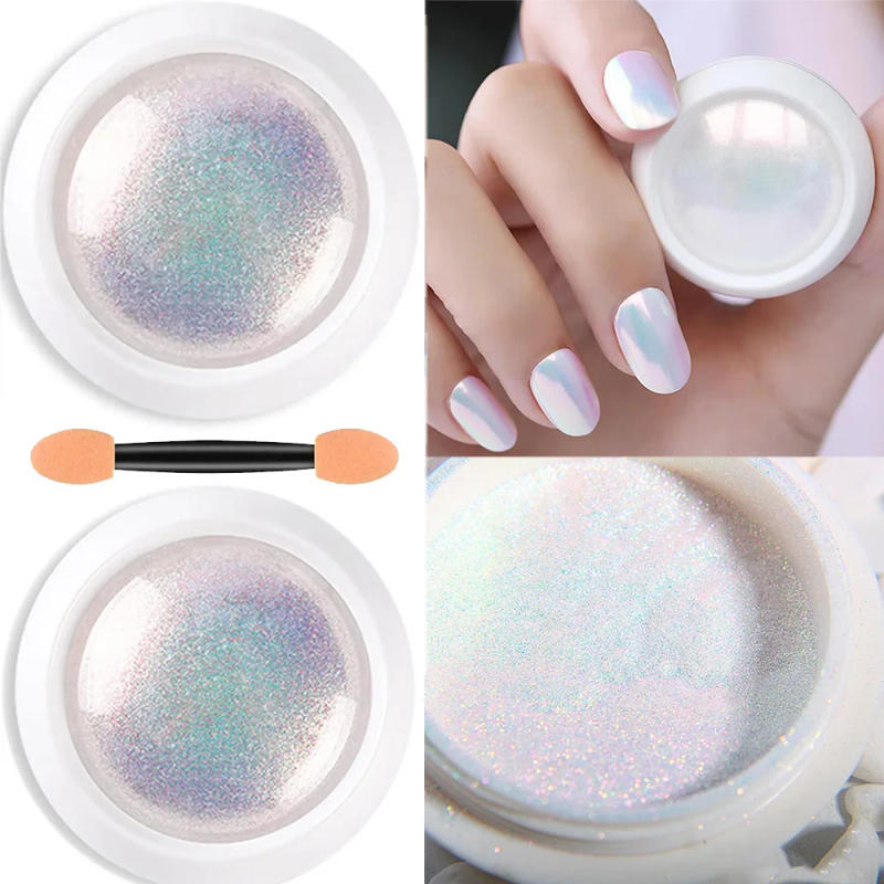 Description Picture 3 of item1/2PC Pearl White Mermaid Aurora Chrome Nail Powder Metallic Neon Rainbow Dust Nail Art Gel Polish Supplies Mirror Chrome Powder