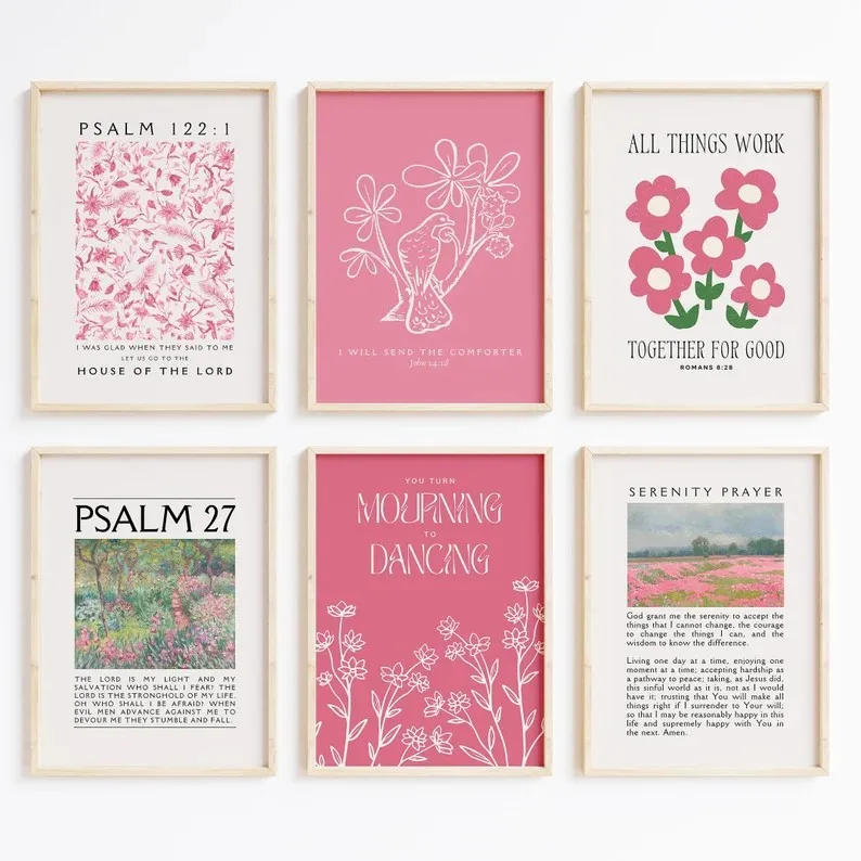 Description Picture 2 of itemPink Christian Verse Prints Posters Vintage Bible Wall Art Canvas Painting Modern Living Room Bedroom Home Aesthetic Decoration