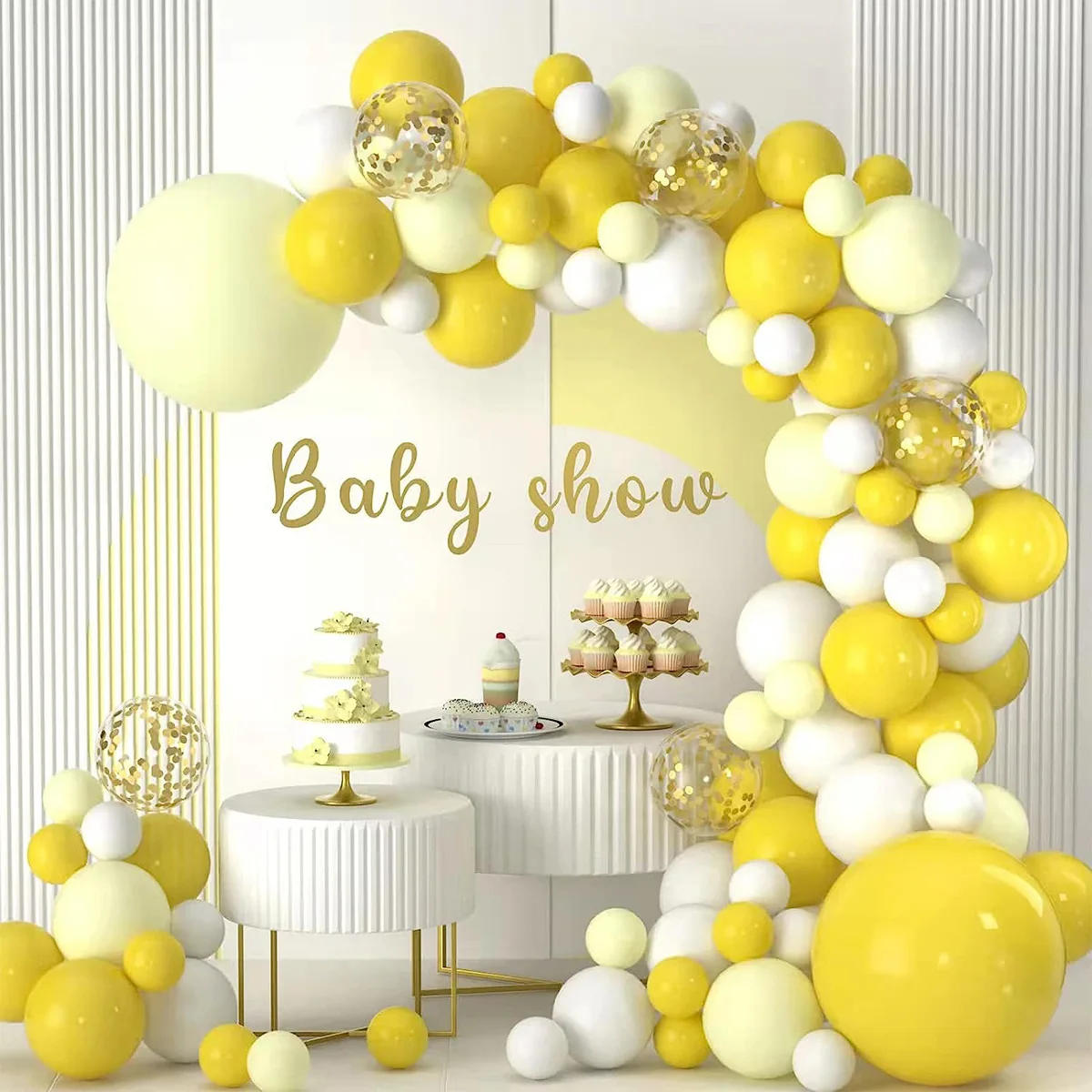 Description Picture 3 of itemPastel Yellow Balloons Arch Garland Kit White Baby Shower 1st Birthday Party Ballon Decorations Wedding Anniversary Decor Globos