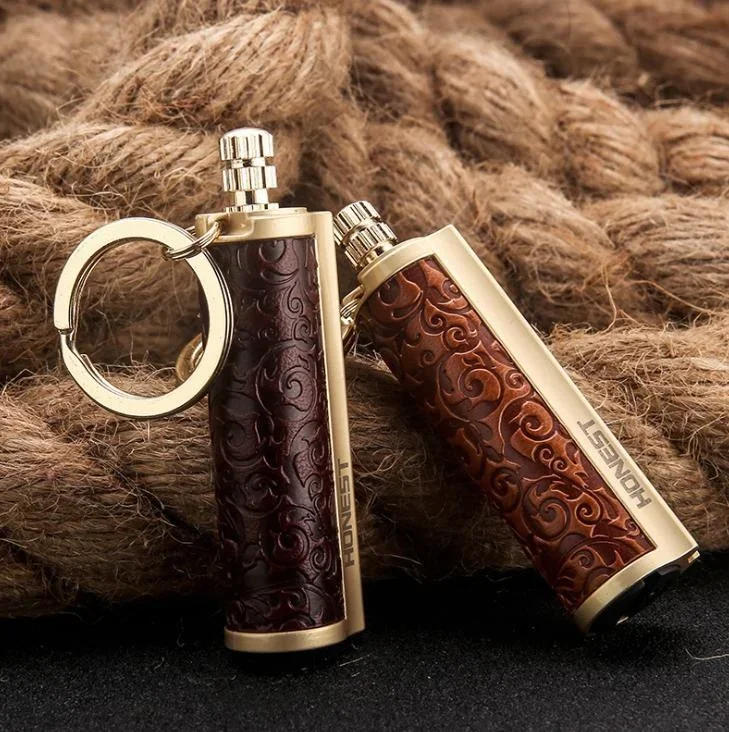 Description Picture 2 of itemLeather Wrapped Metal Rod Keychain Match Lighter Waterproof Kerosene Oil Lighter 2024