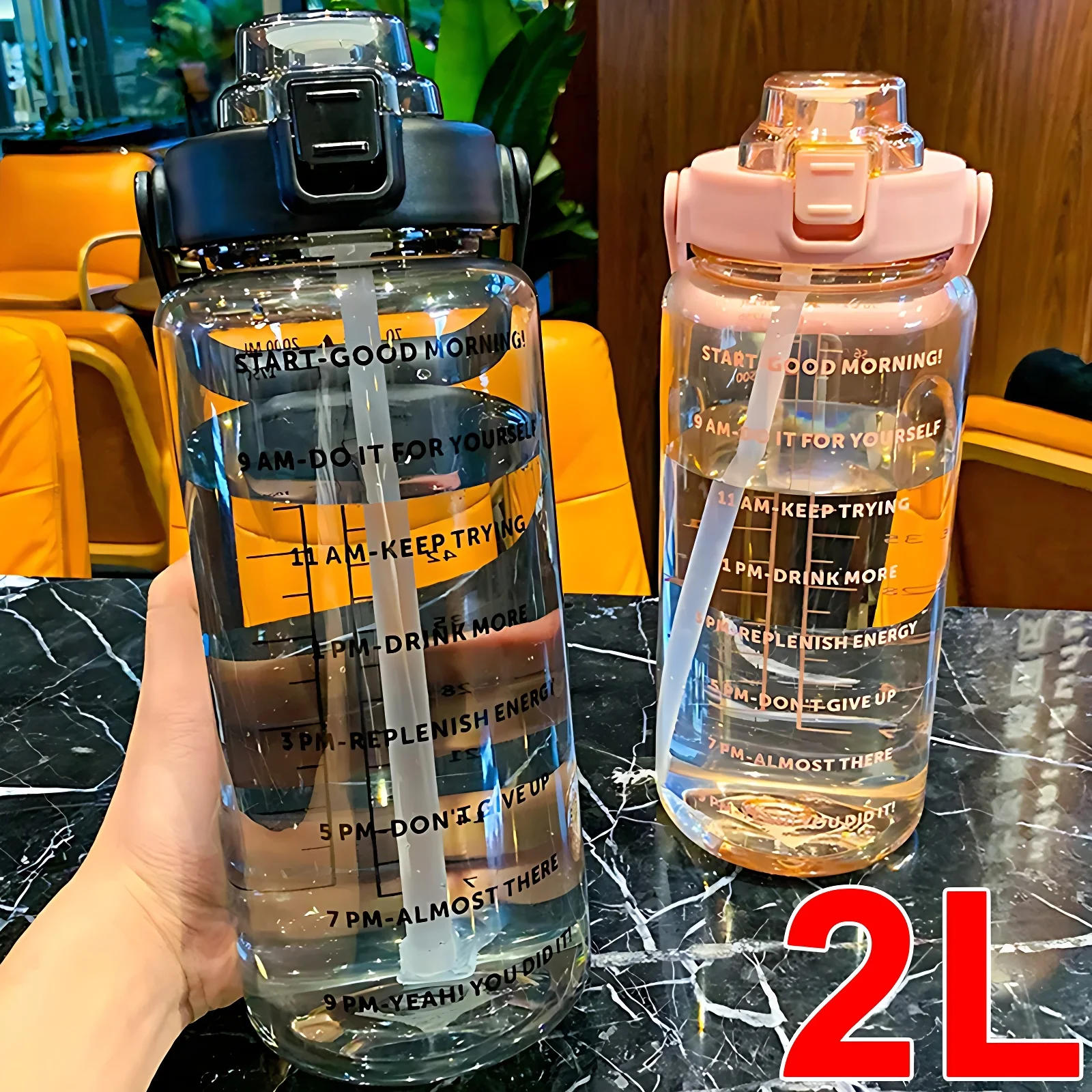 Description Picture 2 of item2L Sports Water Bottle with Straw Men Women Fitness Water Bottles Outdoor Sports Cold Water Bottlesc with Time Marker Drinkware