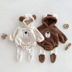 Baby Hooded Romper Bear Ears Cute Plush Baby Clothes Winter 0-2 Years Old Korean version Baby Clothes Baby Romper