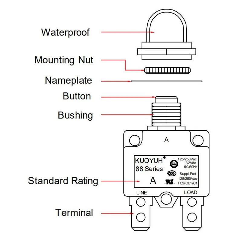 Description Picture 2 of item100% Kuoyuh 88 Series 5A 10A 15A 20A 25A 30A DC automatic reset thermal overload protector switch circuit breaker for Motors