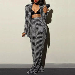 Striped Printing Clothes For Women 2 Piece Set Casual Loose Cardigan Tops Spring Clothing Wide Leg Pant Suit Trousers Suits