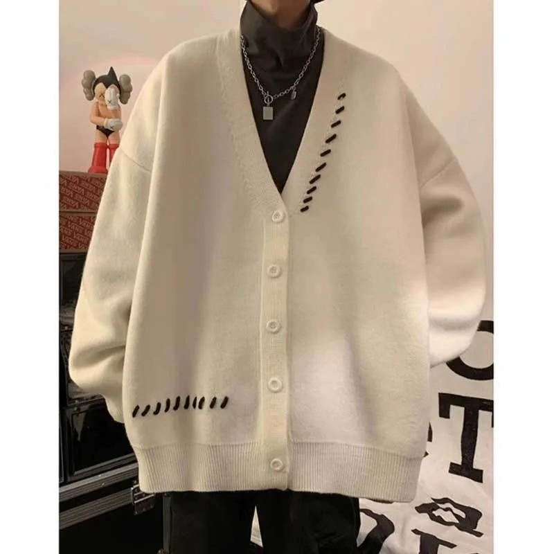 Description Picture 4 of itemCasual Knitted Cardigan Men Lazy Style Contrast Braided Stripe Handsome V-Neck Sweater Hot Selling Retro Couple Knitted Clothes