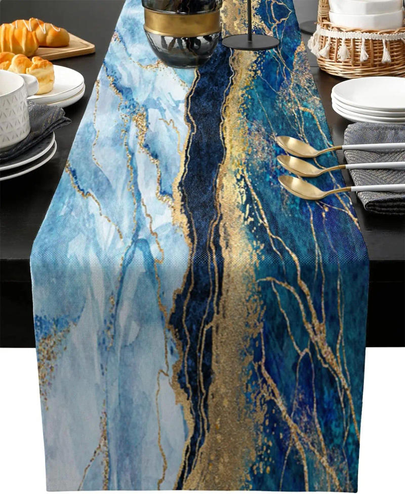 Description Picture 2 of itemNavy Blue Modern Abstract Art Linen Table Runner Blue Marble Dresser Scarves Dining Table Kitchen Wedding Party Holiday Decor