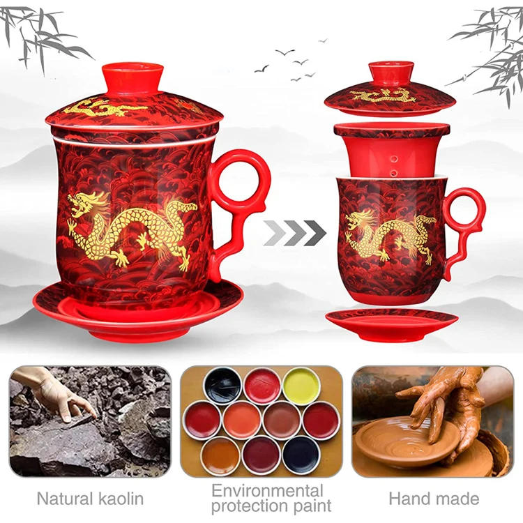 Description Picture 6 of itemChinese Dragon Pattern Tea-Mug with Strainer Infuser and Lid and Saucer Ceramic Tea Mug Convenient  Porcelain Personal Tea Cup